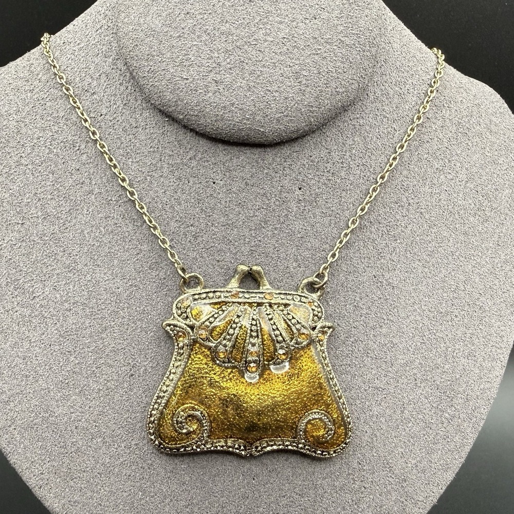 Vtg Purse Pendant Necklace Gold Tone Enamel Art Nouveau Style Kiss Lock Handbag